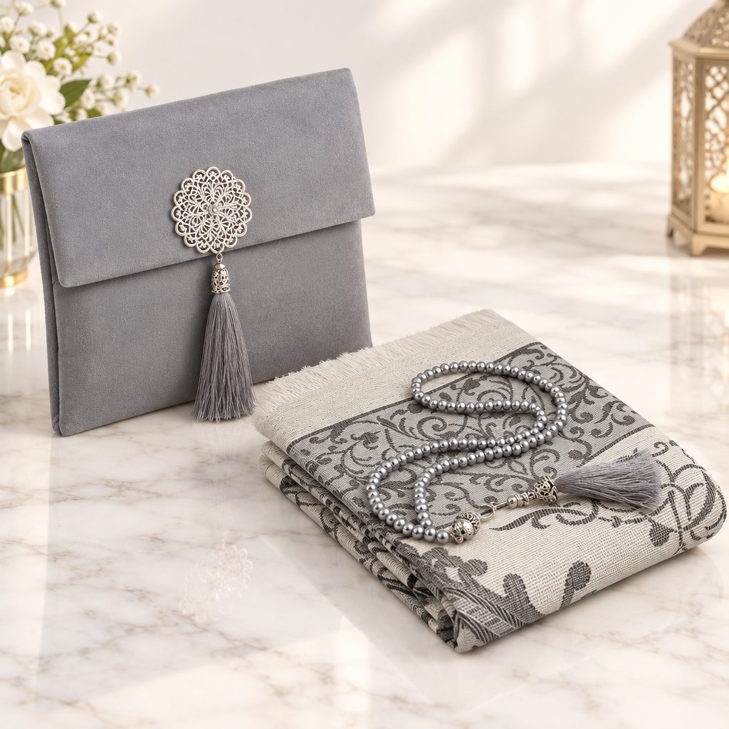 Coffret de prière musulman avec tapis, Tesbih et sac