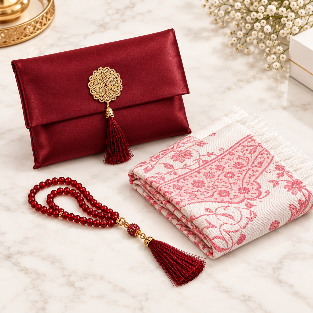 Coffret de prière musulman avec tapis, Tesbih et sac