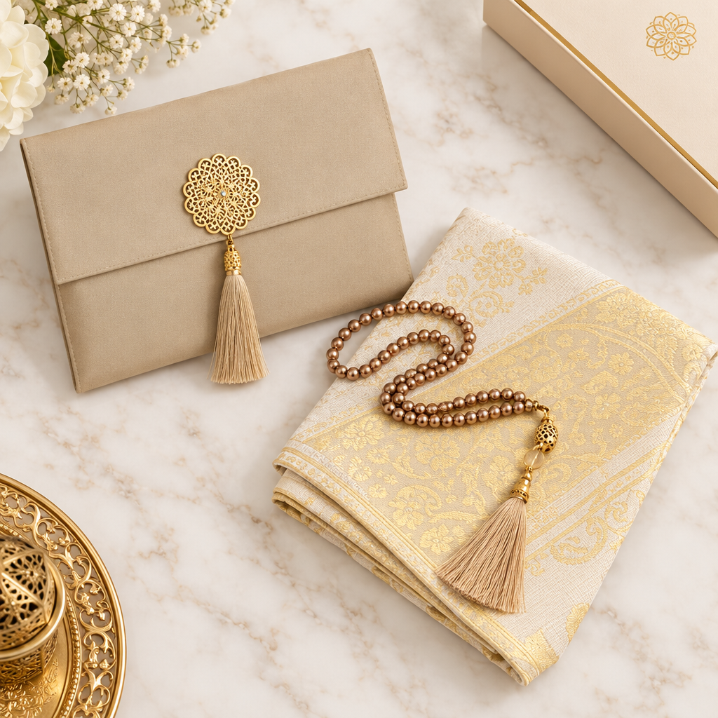 Coffret de prière musulman avec tapis, Tesbih et sac