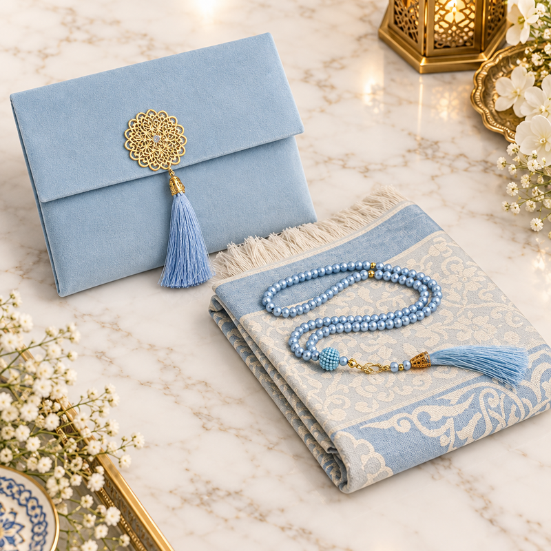 Coffret de prière musulman avec tapis, Tesbih et sac