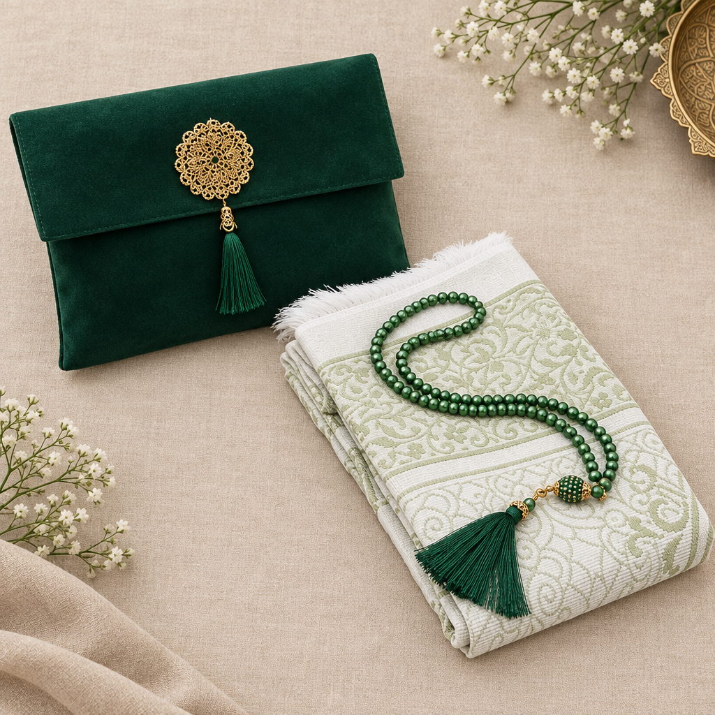 Coffret de prière musulman avec tapis, Tesbih et sac