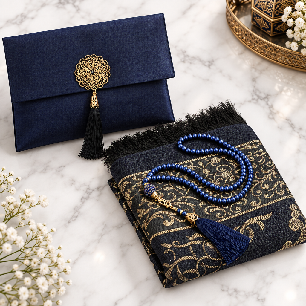 Coffret de prière musulman avec tapis, Tesbih et sac