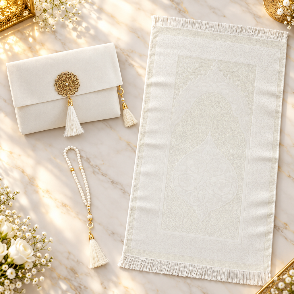 Coffret de prière musulman avec tapis, Tesbih et sac